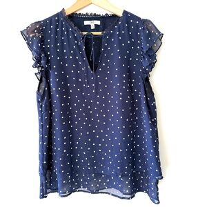 Q&A Navy Polka Dot Sheer Chiffon Flutter Sleeve Blouse Feminine Coquette